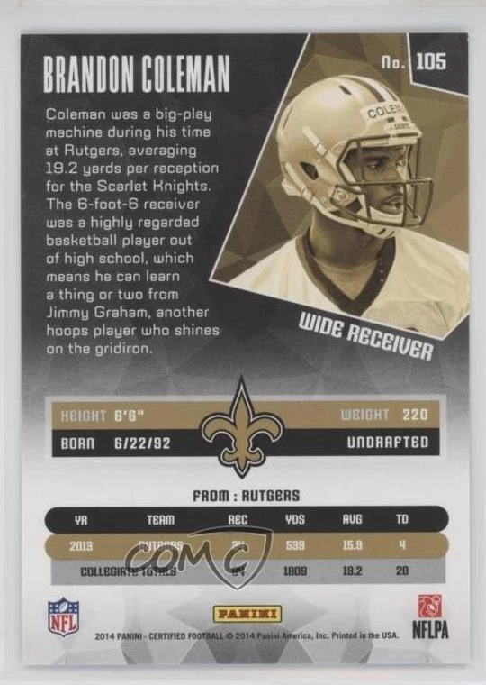 2014 Certified Gold /25 Brandon Coleman #105 Rookie RC - Image 2 of 2