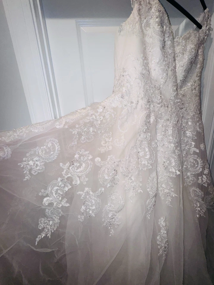 Vestido de novia con cuentas fuera del hombro con superposición de malla transparente y mini tren talla 16W Foto 4 de 4