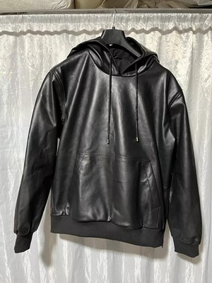 Men's Black Hooded Bomber Leather Jacket| Genuine Soft Sheepskin Leather Hoody M