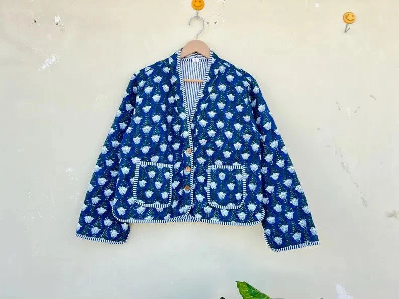 Indian Blue Floral 100% Cotton Quilted Unisex Jacket Women's Clothing Jackets AU