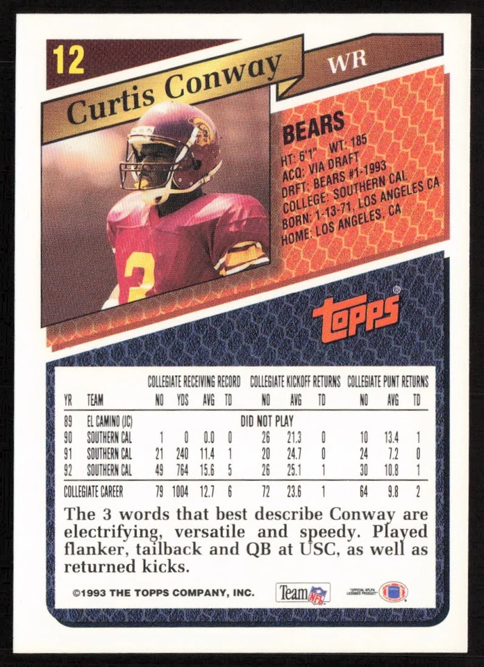 1993 Topps Curtis Conway #12 Rookie Chicago Bears - Image 2 of 2