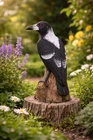 17cm Realistic Magpie on Stump - Australian Native Black Bird Garden Ornament