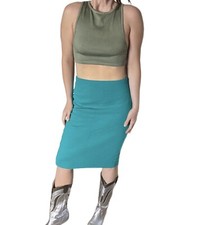 Vintage teal Blue midi knit pencil skirt body hugging womens Sz small
