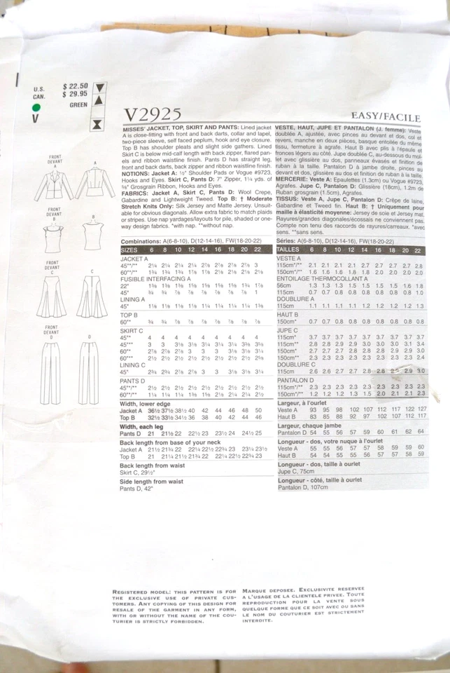Schnittmuster Vogue 2925  Kleid  Gr. 12 - 16 neu Blazer Rock Top Hose Jacke - Bild 3 von 3