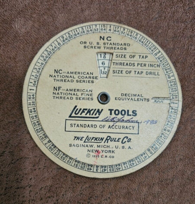1935 The Lufkin Rule Co. Screw Threads & Tap Drill Sizes Wheel NC Standard 3 