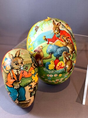 West Germany Paper Mache Easter Eggs with Beautiful Lithos, Lot of 2 