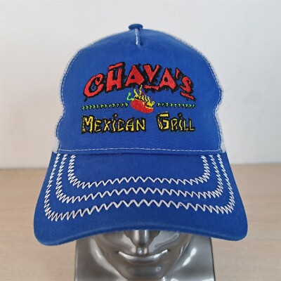 CHAVA'S MEXICAN GRILL ADJUSTABLE SNAPBACK TRUCKER/MESH HAT/CAP, BLUE, FOOD/EAT
