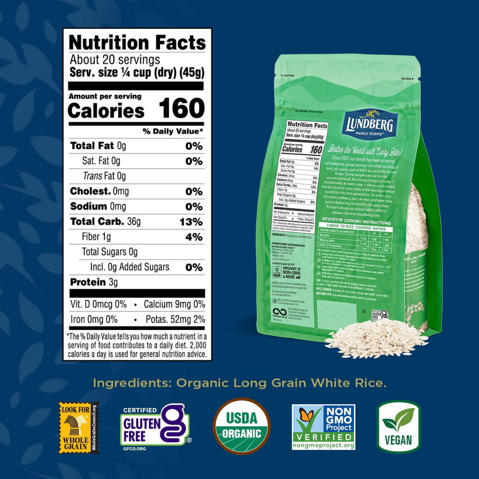 Lundberg White Rice, Organic Long Grain Rice NonSticky, Fluffy Rice