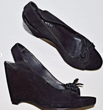 NINE WEST NEW SIZE 7.5 M BLACK SUEDE OPEN TOE WEDGES PLATFORM SLINGBACKS SHOES