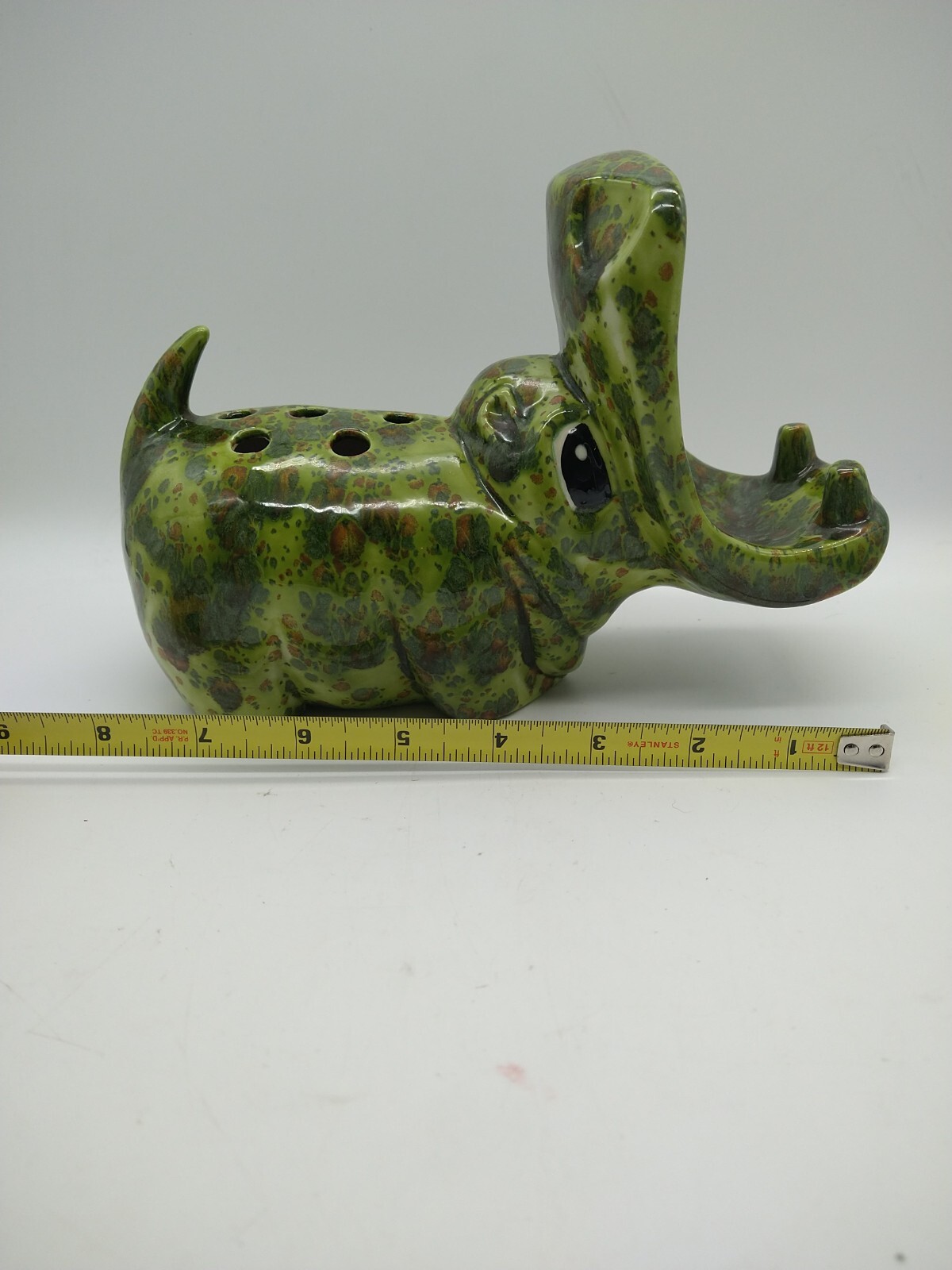 Vintage MCM House Hippo Green Ceramic Handpainted Hippopotamus Flower