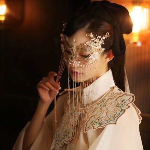 Maschera Hanfu cinese danza nappa velo antico copricapo tenda viso cosplay - Foto 3 di 7