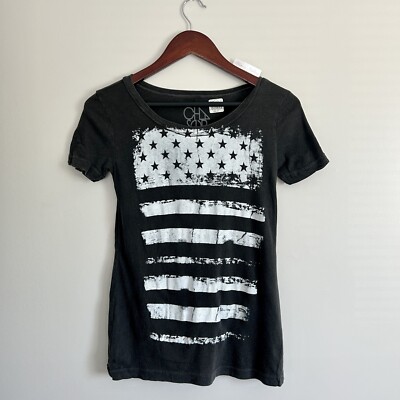 Chaser American Flag Graphic Tee Womens XS Charcoal Gray Crew Neck T-Shirt, New
