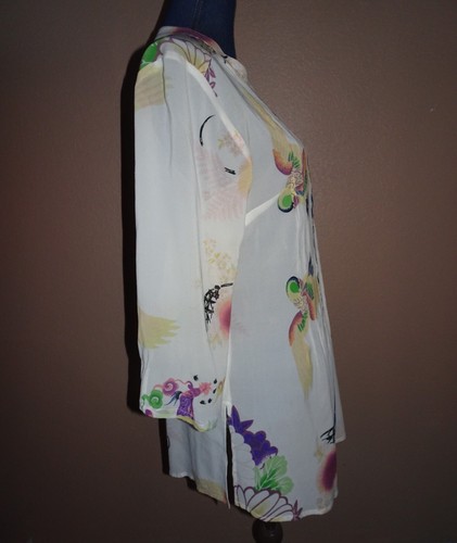 Citron Santa Monica Crane Dragon Asian Art Button Down Pintuck Top Size M - Picture 2 of 4