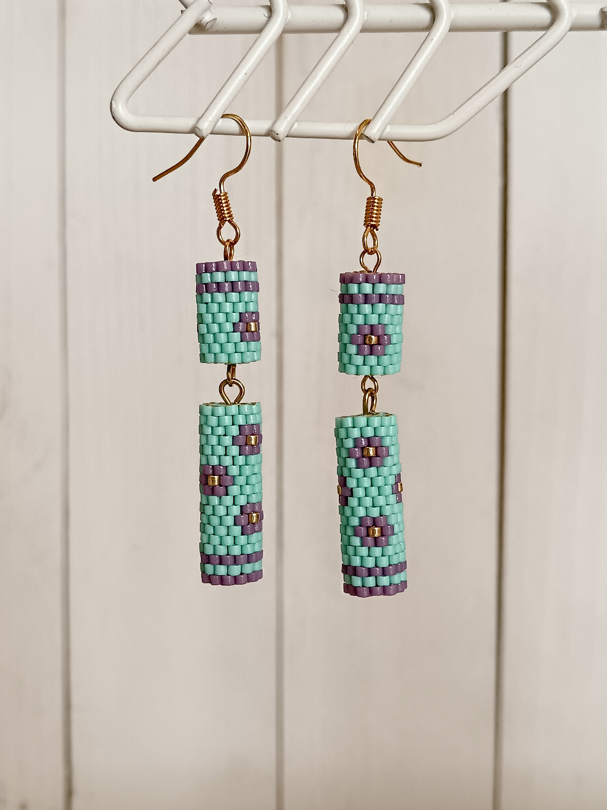 Boucles d'oreilles perles turquoise violet - Bijoux d'oreilles femme 5cm
