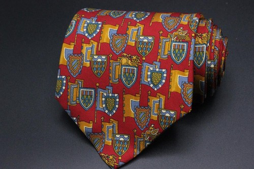 SALVATORE FERRAGAMO Silk Tie. Flag & Shield Motif in Red w Orange Blue & Brown.