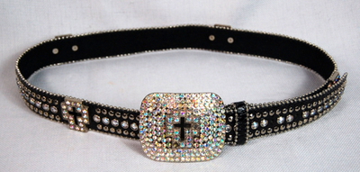 Vintage rhinestone and studs, black leather belt Vintage Black Leather Studded Rhinestone & Crosses Women main image 4