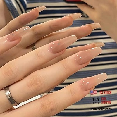 Coffin Press on Nails Long Fake Ballerina Nude False Glue on Full 91A-10Nude
