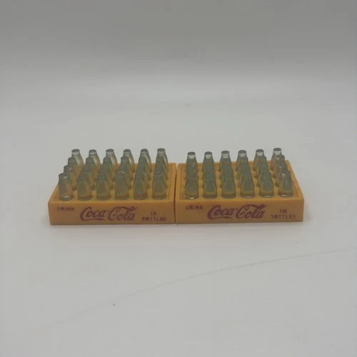 Lot Of 2 Vintage Coca Cola Orange Crate with 24 Miniature Plastic Green Bottles
