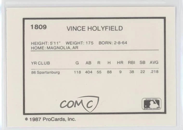 1987 ProCards Minor League Vince Holyfield #1809 - Image 2 of 2