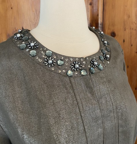 Chicos Linen Abria Silver Gray Jacket Size 1 Beaded Jeweled Shimmer Medium 8 10 - Picture 3 of 11