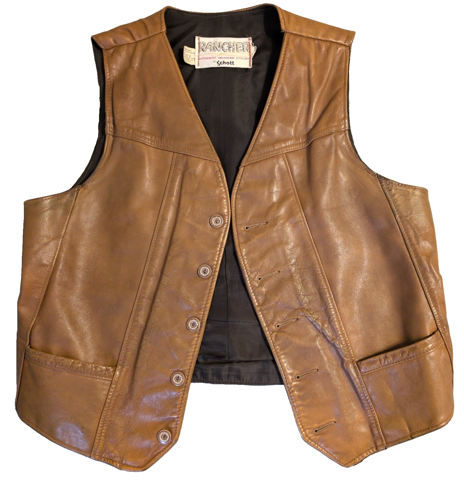 Vtg Rancher Leather Yoke Vest Schott XL USA Distressed Cowboy Cut MC Motorcycle - product detail image 2