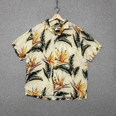 Vintage Paradise Found Rayon Hawaiian Shirt Men Large Beige Floral Button Down