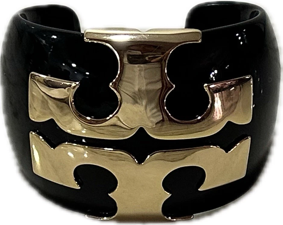 Vintage Tory Burch Elenor Cuff Bracelet Black Resin Iconic Logo 18k Gold Plated - Image 4 of 4