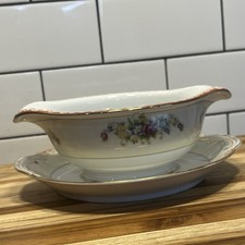 Vintage Gold China Gravy Boat w/ Attached Underplate Floral, Gold Trim