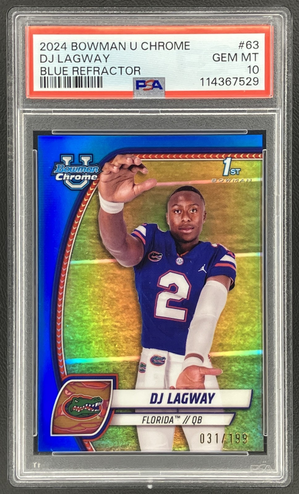 DJ Lagway 2024 Bowman U Chrome 1st Blue Refractor #63 RC /199 PSA 10