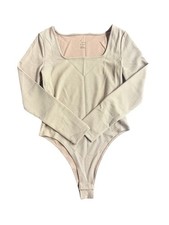 A New Day Bodysuit Beige Long Sleeve Square Neck Ribbed Womens Size Medium