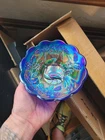 Electric Blue Northwood Carnival Glass Peacock & Urn Small Flared Bowl Flakes