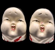 Vintage Ceramic Asian Face Salt & Pepper Shakers 2.5" Red Black White