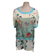 Johnny Was Women S Rayon Silk Embroidered Tunic Top Butterfly Floral Boho Sheer