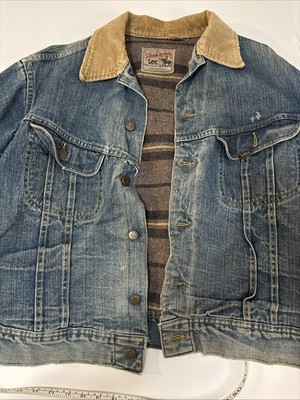 Distressed LEE Storm Rider Denim Jean Corduroy Jacket Blanket Lined Union USA M 