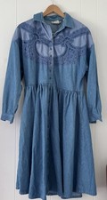 Vtg Womans TOGETHER Blue Denim Cottage Prairie Country Maxi Dress Size M