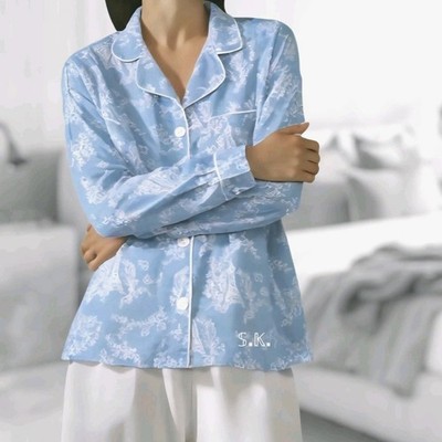 BED HEAD Button-up Pajama Top only Blue Floral Eiffel Tower Organic Cotton SMALL