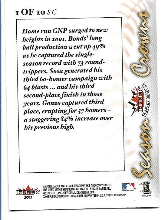 2002 Fleer Triple Crowns Season Crowns #1 Barry Bonds Sammy Sosa Luis Gonzalez - Image 2 of 2