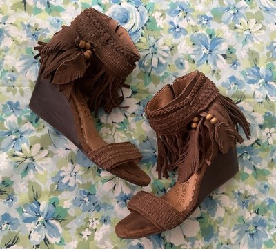 Naughty Monkey Taupe Fringe Leather Suede Wedge Sandals Size Boho  Moccasin