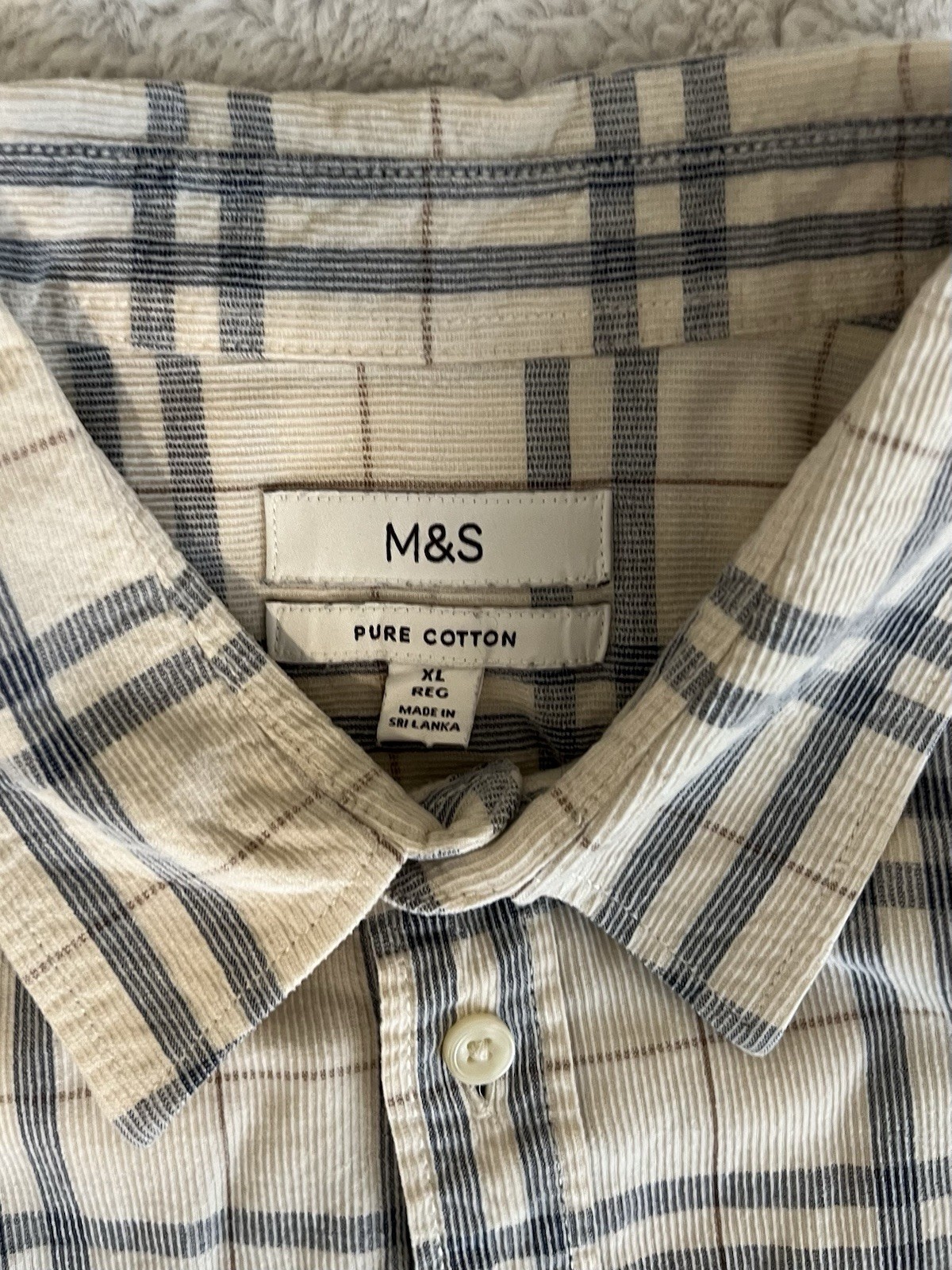 M&S Pure Cotton Check Shirt Men’s XL Regular Ecru Blue Long Sleeve Casual image 2