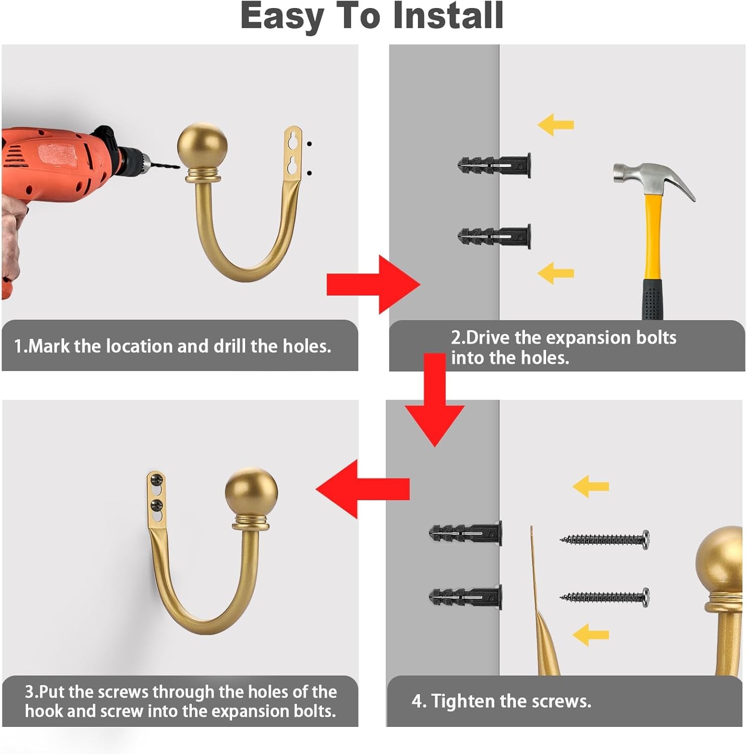 Sumnacon Set of 2 Decorative Curtain Holdbacks, Wall Mounted Aluminum Gold 