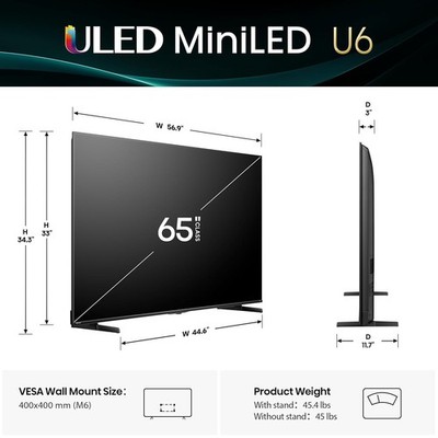 Hisense 65 inch Class U6 65U65QF MiniLED 144 Hz ULED 4K Smart Fire