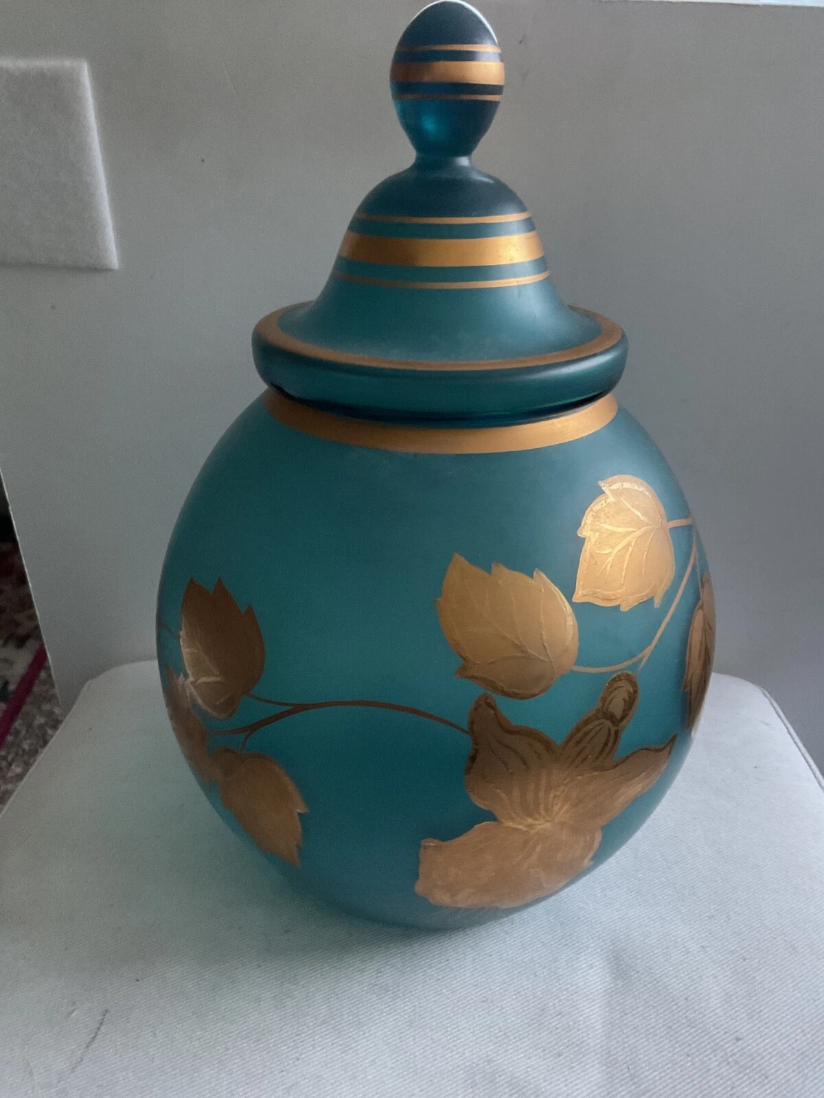 Czechslovakia glass kingfisher blue lidded storage jar overlayed gold pattern