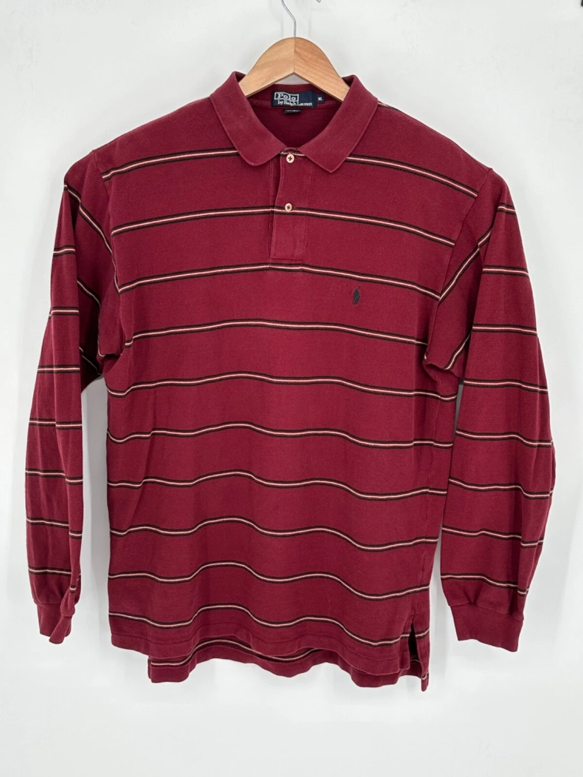 Polo by Ralph Lauren Burgundy Long Sleeve Men's Polo Shirt Sz XL Striped S0