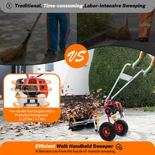 43cc HandHeld Gas Power Walk Behind Sweeper Broom Cleaning Driveway Turf Grass
