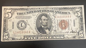 1934 $5 HAWAII FRN, SHORT SNORTER- John Paul Jones signature