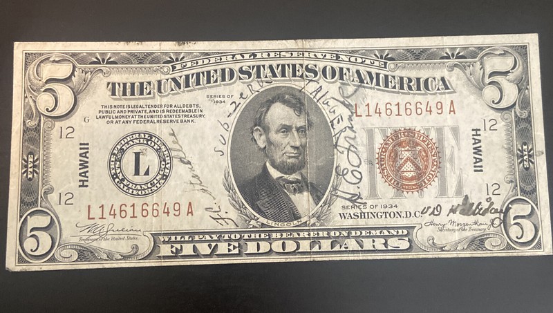 1934 $5 HAWAII FRN, SHORT SNORTER- John Paul Jones signature
