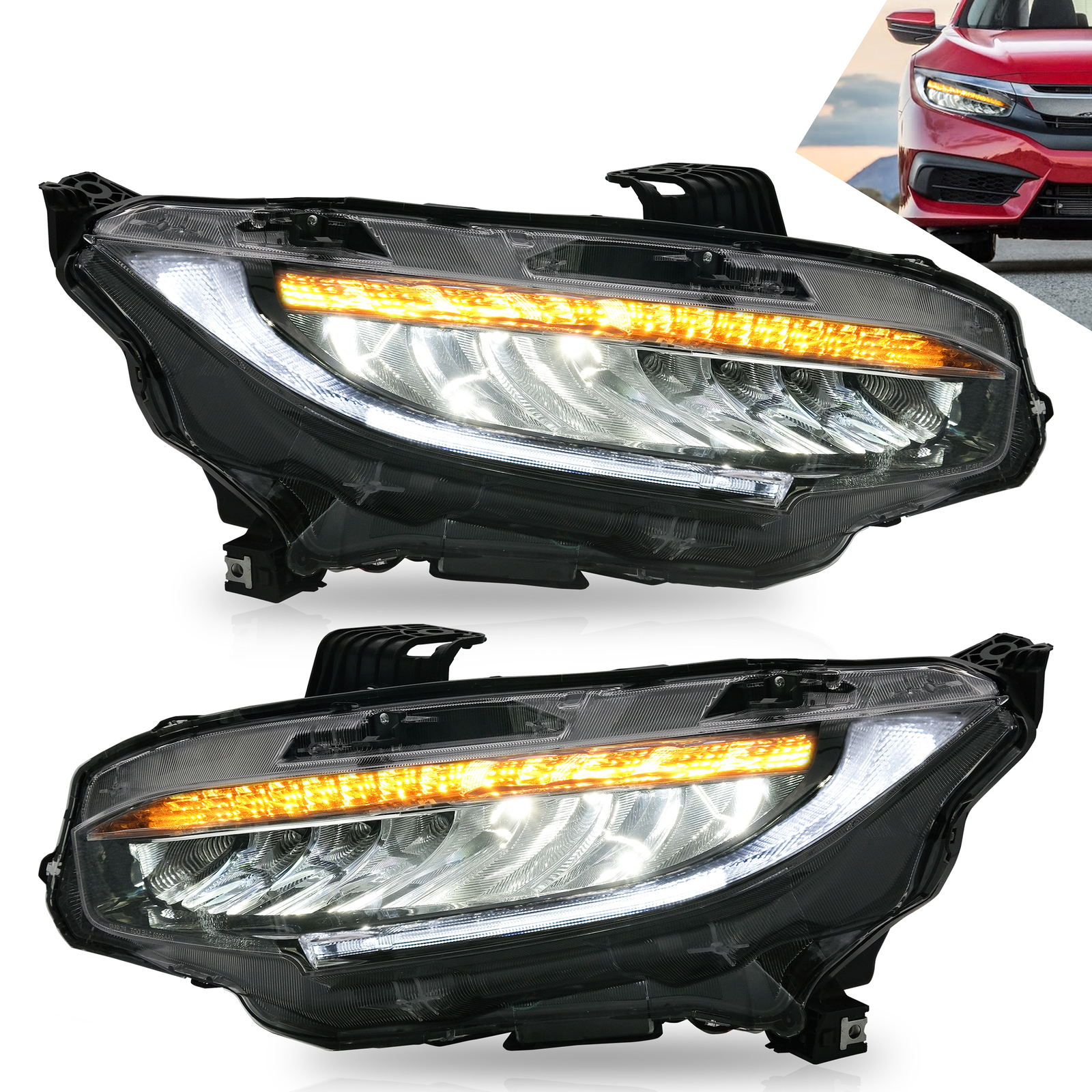 Clignotants séquentiels sur les phares LED VLAND pour Honda Civic 2016-2021 étanches IP67