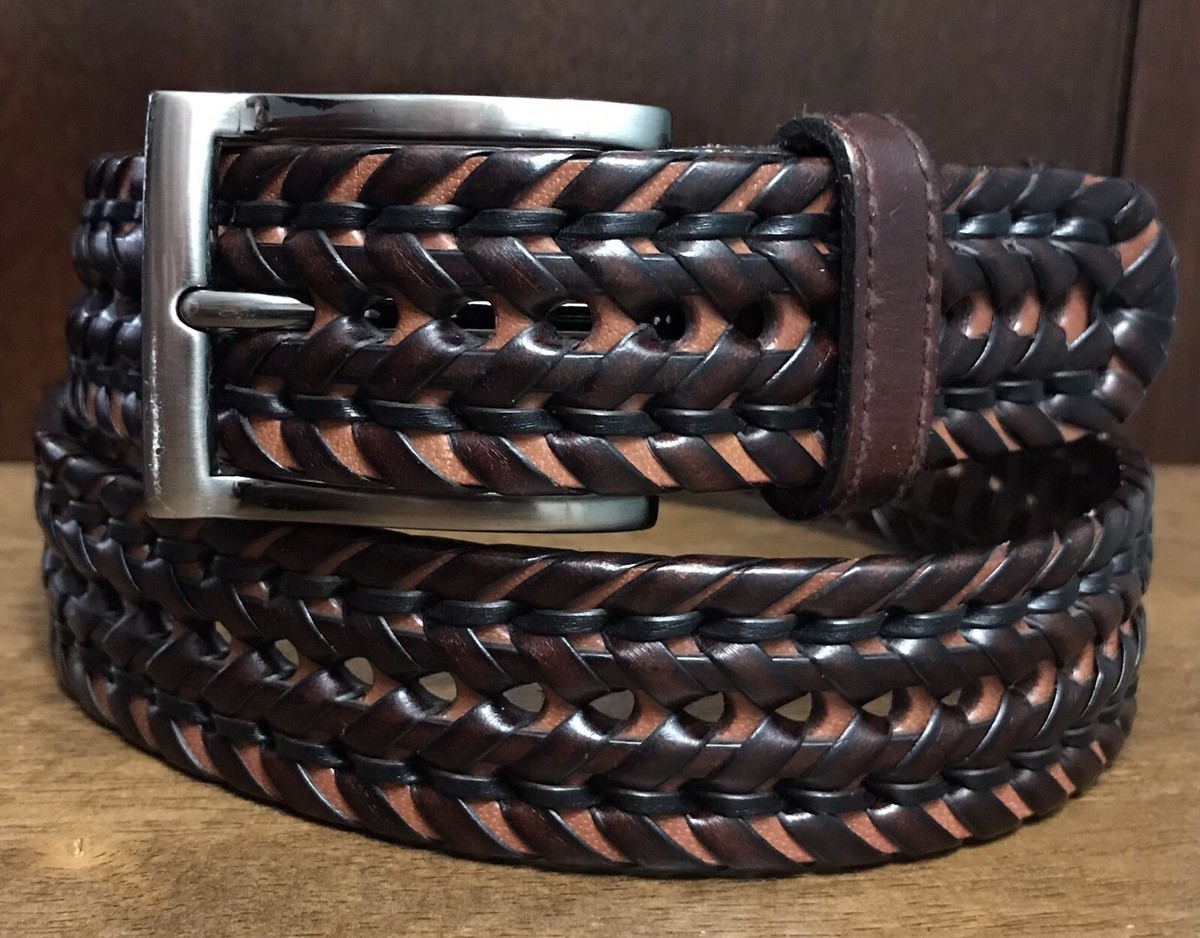 1967 Brown Woven Leather Belt Silver Tone Buckle Sz 34 1-3/8