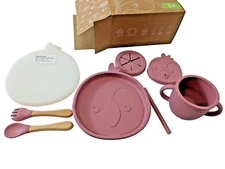 Bimbly Silicone Tableware Kids 8 Piece Pink Cockatoon Plate Lid Cup Sippy New