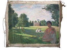 19th - Impressionist Oil Canvas - The Picnic in the Garden